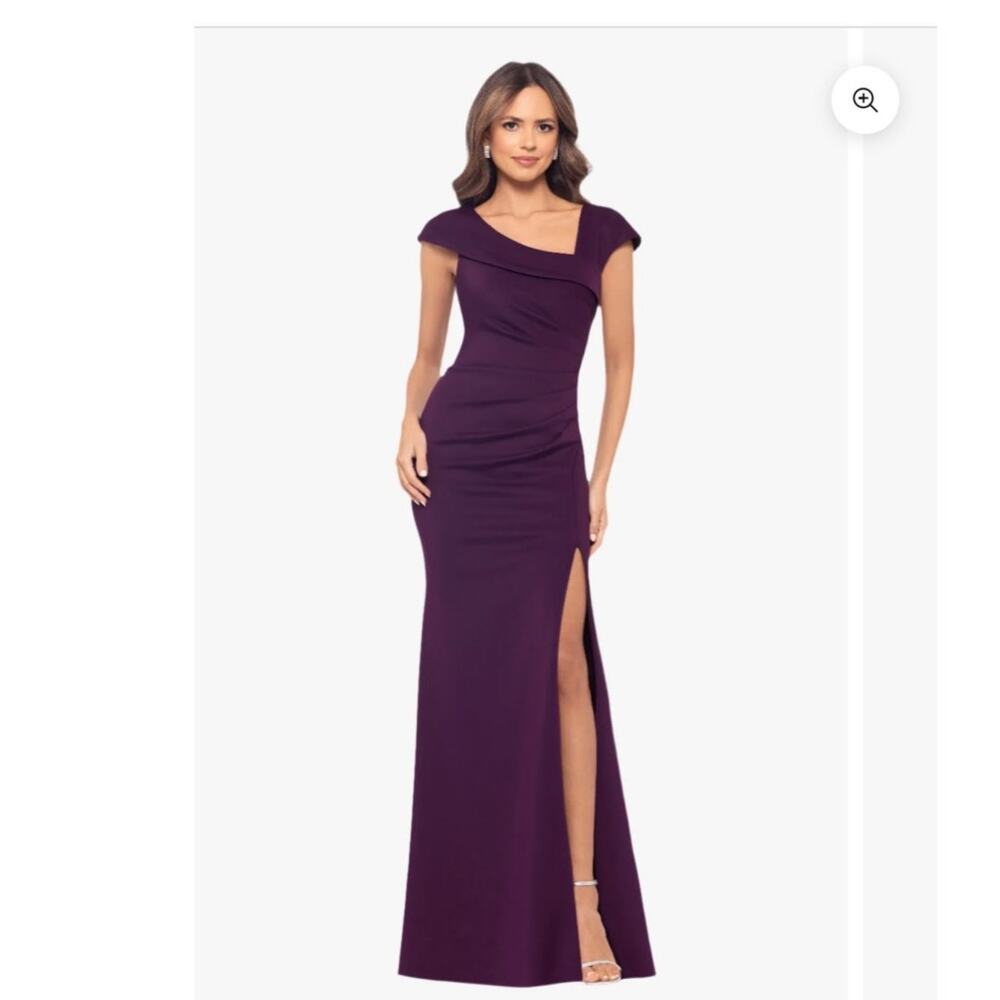 NWT PETITE Xscape LENORE TECHNO SCUBA ASYMMETRICAL NECKLINE DRESS gown plum 16p
